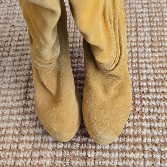 CHRISTIAN LOUBOUTIN Yellow Suede Mid-Calf Ruched Stiletto Round Toe Boots 38 - Picture 7 of 10
